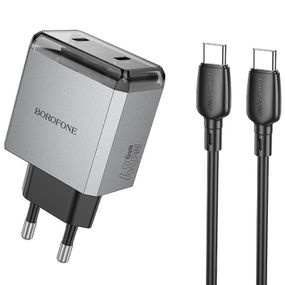 МЗП Borofone BN21 Lena PD40W+QC3.0 (2USB-C) + кабель Type-C to Type-C Metal gray