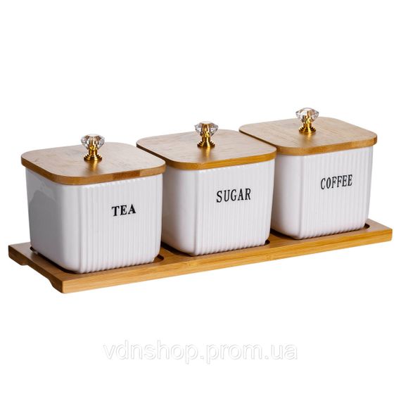 Набір порцелянових квадратних банок для сипучіх на підставці 3 шт. по 350 (мл) для чаю кави цукру SCT-643 | Зображення 2