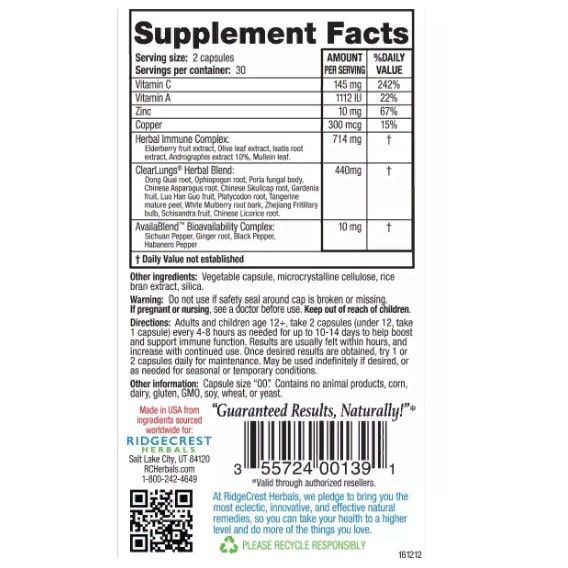 Комплекс для профілактики дихальної системи RidgeCrest Herbals Clear Lungs Immune 60 Veg Caps RCH139 | Зображення 1