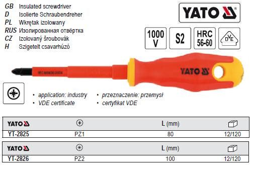 Отвертка изолированная YATO Польша диэлектрическая электрика 1000V PZ2 l=100 мм YT-2826