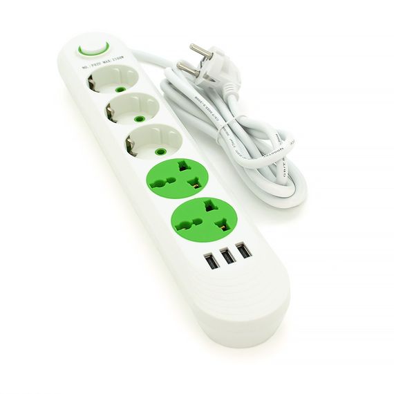 Мережевий фільтр F02U, 3 розетки EU + 2 розетки Universal + 3 USB, 1.5 м