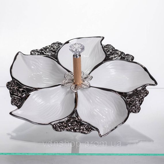 Менажниця порцелянова на 5 секцій для закусок тарілка менажниця 30×30×13 (см) Білий з сріблом 918-44S