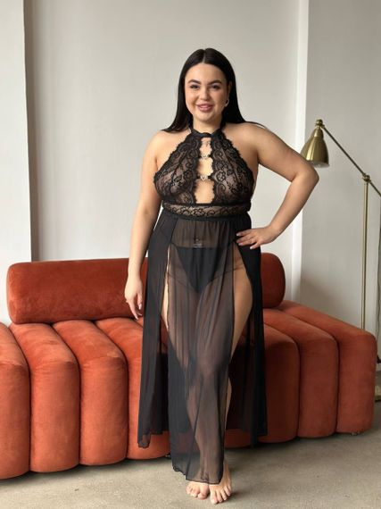 Еротичний чорний мереживний довгий пеньюар PLUS SIZE | Зображення 8