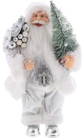 Інтерєрна новорічна фігурка Santa з подарунками з ялинкою 30см білий та срібло з паєтками