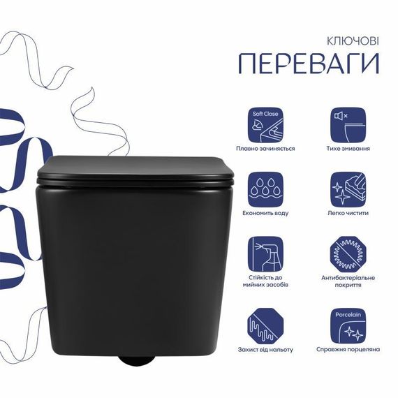 Унітаз підвісний Qtap Crow Ultra Quiet 485×340×290 мм, Matt Black, з сидінням Slim Duroplast/ Soft-close/ Quick Release | Зображення 2