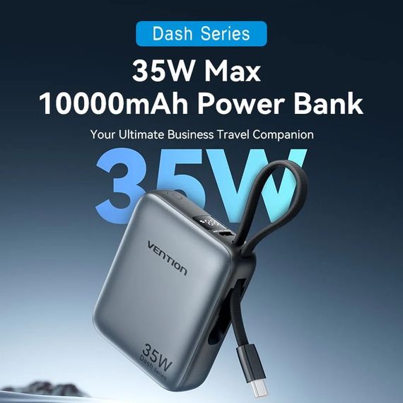 УМБ Vention 10000mAh 35W 3A PD,Fast Charging,1хType-C IN/OUT,Built-in USB-C Cable,LED Display,Gray | Зображення 4