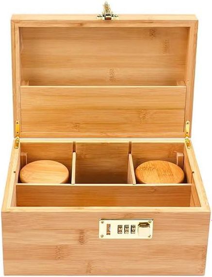 Дерев’яна скринька для зберігання з кодовим замком, органайзер з 2 банками і знімним розділювачем, коробка бамбукова, ящик | Зображення 5
