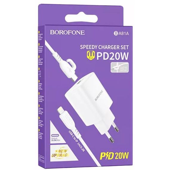 МЗП Borofone BA81A PD20W (1USB-C) + кабель Type-C to Lightning White | Зображення 1