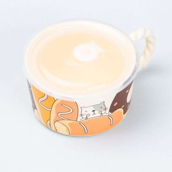 Керамічна бульйонниця 800 мл з пластиковою кришкою "Кот" супниця миска для локшини | Зображення 2