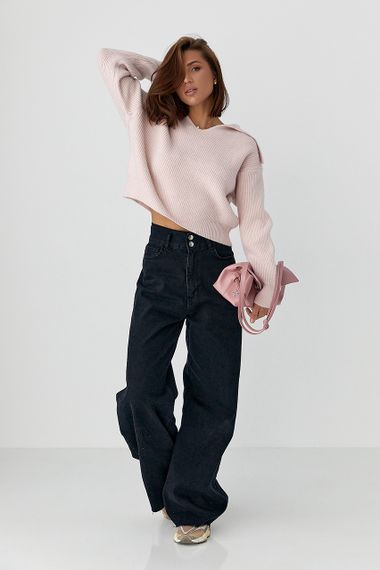 Джемпер у рубчик із відкладним коміром - пудра цвет, ONE SIZE (є розміри) | Зображення 2