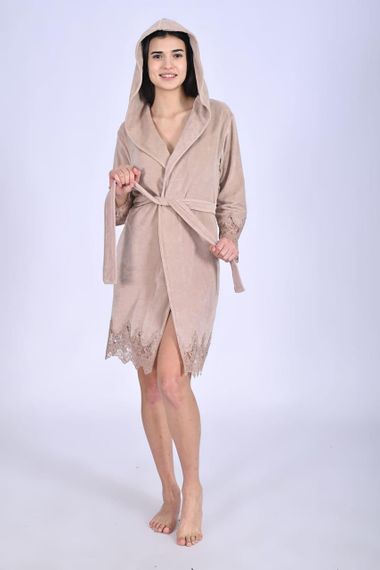 Жіночий халат Nusa 0483 велюровий з капюшоном бежевий S