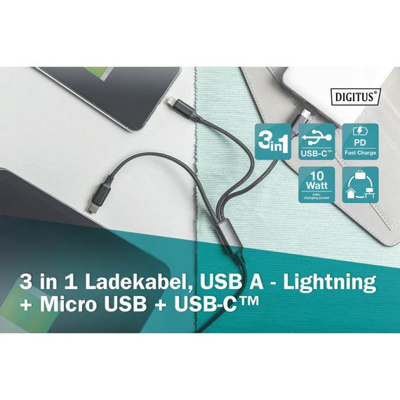 Дата кабель USB 2.0 AM to Lightning + Micro 5P + Type-C 1.0m charge only Digitus (AK-300160-010-S) | Зображення 8