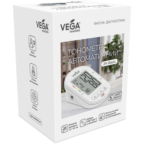 Тонометр VEGA 2H Basic Type-C с адаптером и оригинальной манжетой Vega 22-42см на плечо гарантия 5 лет | Зображення 2