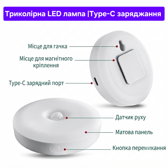 LED лампа з датчиком руху, на акумуляторі, три режими світла, Type-C | Зображення 1
