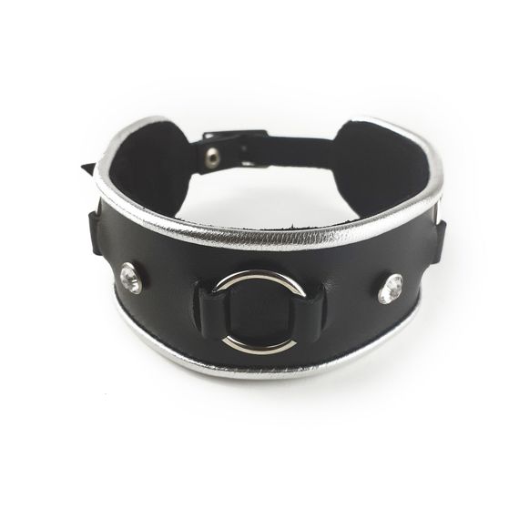 Ошейник из натуральной кожи со стразами и кольцом Art of Sex Collar Ring, Черный, One Size | Зображення 1