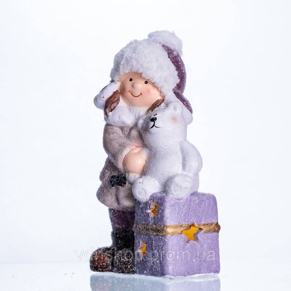 Новорічна фігурка з підсвіткою Дівчинка з ведмежам із фарфору 12×7×20 (см) новорічний декор для дому, квартири на подарунок CR-5-5 | Зображення 2
