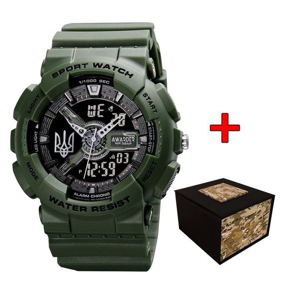 Спортивний чоловічий годинник Awarder 005 Тризуб срібло Army Green + Коробка