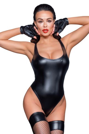 Боді під шкіру Noir Handmade F244 Powerwetlook body with high cut bottom hem Чорне M