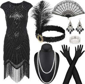 Сукня у стилі 20-х коктейльна з аксесуарами, жіночій ретро образ Гетсбі Чарльстона для Хелловіну, виступу, вечірки