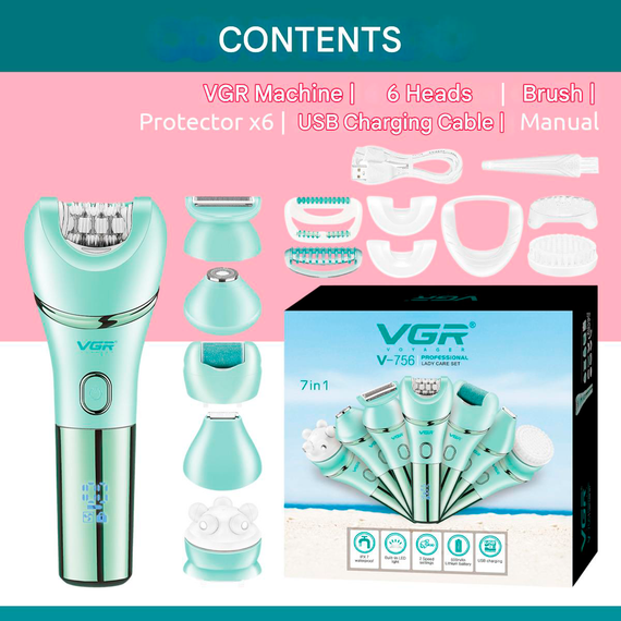 Епілятор VGR 7 в 1 V-756 GREEN, 7 насадок, IPX7 (46269-V-756 GREEN_708) | Зображення 7