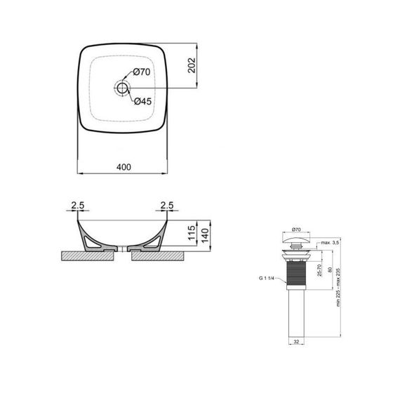 Комплект Qtap Kolibri: Раковина накладна 400x400x140 мм, White, квадратна + Донний клапан Pop-up PU02 | Зображення 1