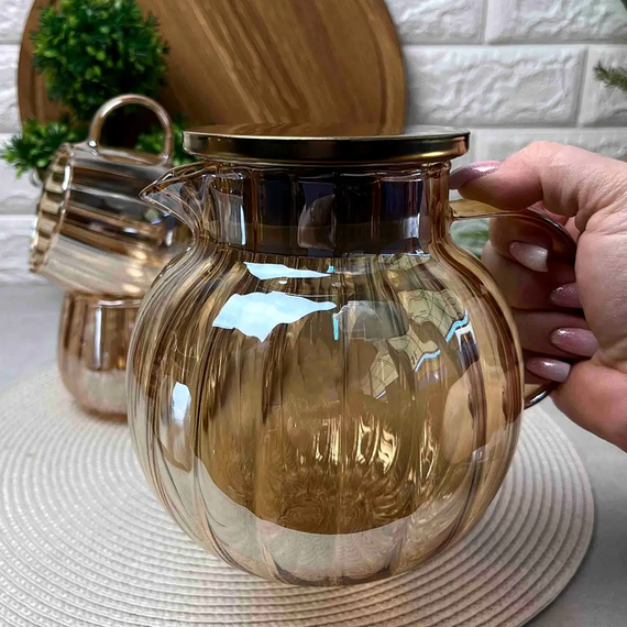 Стильный стеклянный чайник Amber Fresh Wave GK-5530 1,25 л из термостойкого боросиликатного стекла Золотистый | Зображення 3