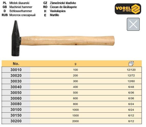 Молоток слюсарний Польща ручка дерево 600г VOREL-30060 | Зображення 1