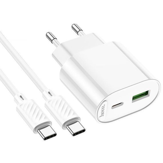СЗУ Hoco C109A Fighter PD20W+QC3.0 (1USB-A/1C) + кабель Type-C to Type-C White | Зображення 4