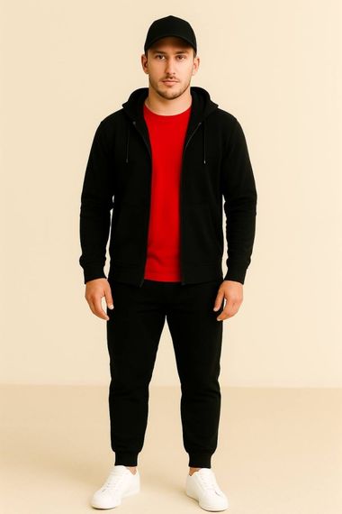 Костюм демісезонний (весна/осінь) з кепкою – худі на блискавці / zip hoodie + штани чорні + футболка червона