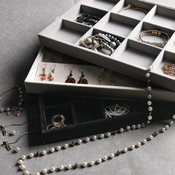 Органайзери для прикрас набір 4 шт, сірий, лотки оксамитові для каблучок, сережок, браслетів, намиста, біжутерії | Зображення 5