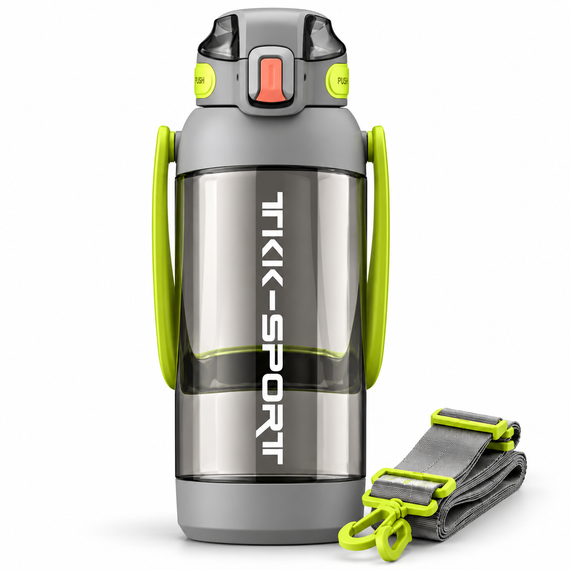 Бутылка для воды TKK 1400 мл спортивная серая Tritan BPA Free ударопрочная соломинкой, ремешком и ручкой