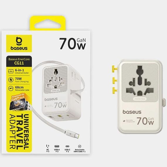 Мережевий універсальний перехідник Baseus CG11 70W with retractable cable (2USB-A/3C/1Socket) (E0307E) Off-White | Зображення 1