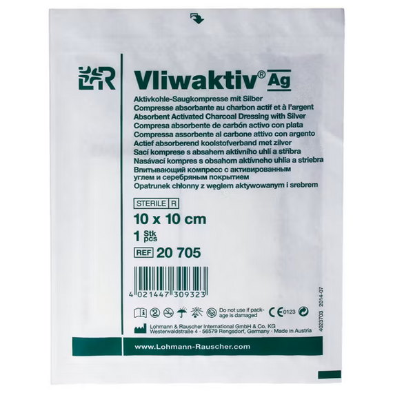 Vliwaktiv Ag, 10 см x 10 см, антибактеріальна пов'язка з активованим вугіллям, 1 шт