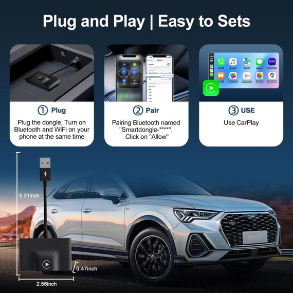 Бездротовий адаптер CarPlay URJD 2024 карплей у бездротовий, швидке підключення, сумісність з iPhone iOS 10+ Карплей | Зображення 3