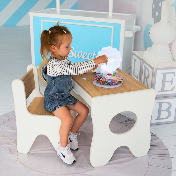 Набір дитячих меблів столик з ящиком та стільчик 70×45×51, стіл та стілець для дітей, білий з деревом | Зображення 5