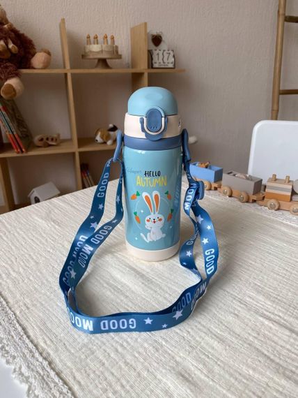 Термос дитячий для напоїв з трубочкою 450мл Блакитний з малюнком | Зображення 5