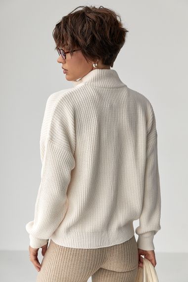 Однотонний в'язаний кардиган із коміром-стійкою - молочний цвет, ONE SIZE (є розміри) | Зображення 1