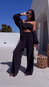 Женский летний костюм тройка брюки палаццо + рубашка + топ-бандо LY25030 цвет черный, размер 42/44