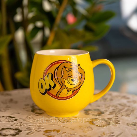 Праздничная фарфоровая чашка "Веселые Герои" 400 мл, Кружка детская с фарфора на подарок Желтая FM-13OK