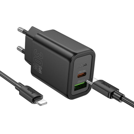 МЗП Hoco N63 Gentle PD30W+QC3.0 (1USB-A/1C) + кабель Type-C to Lightning Black | Зображення 2