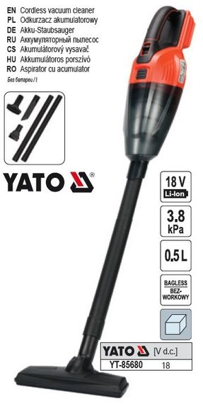 Порохотяг акумулятор.- 18 В YATO Польша: (БЕЗ АКУМУЛЯТОРА), збирна емнисть- 0,5 л, 2 подовжув. и насадки | Зображення 1