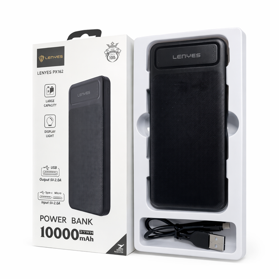 Зовнішній акумулятор Power bank 10000 mAh Lenyes PX162 компактний універсальний на 2 входи Чорний | Зображення 3