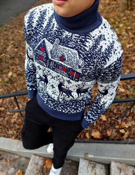 Мужской новогодний свитер Олени домик PA0001 цвет синий, размер XL | Зображення 2