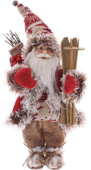 Інтерєрна новорічна фігурка Santa з подарунками та лижами 30см коричневий з червоним