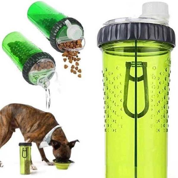 Поилка-кормушка для животных двойная со складной миской Pet Drink Bottle Зеленая