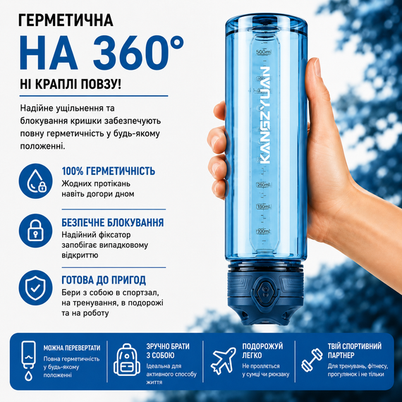 Бутылка для воды KANGZYUAN 500 мл Tritan спортивная, BPA Free, с герметичной крышкой, Голубой | Зображення 7