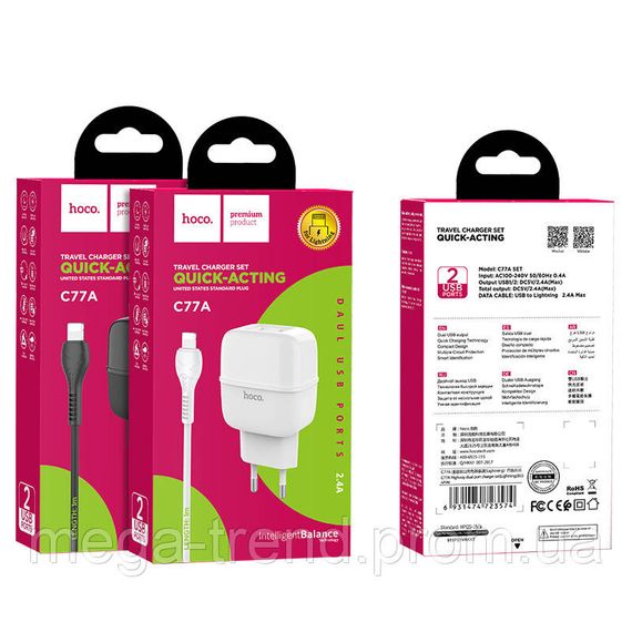 Адаптер мережевий Hoco Lightning cable Highway C77A |2USB, 2.4A| | Зображення 5