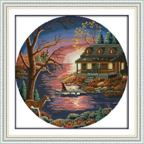 Набор для вышивания по нанесённой на канву схеме"Sunset lake villa".AIDA 14CT printed,48*48см