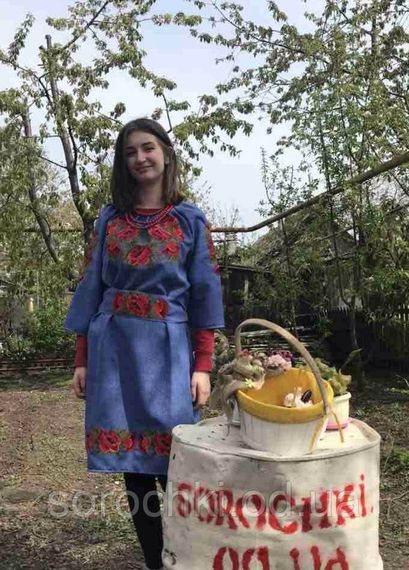 Плаття в етнічному стилі, з вишивкою "макі", льон-габардин, синє
