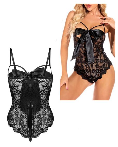 Чорне сексуальне мереживне боді з атласним бантом на грудях (розмір L) | Зображення 8